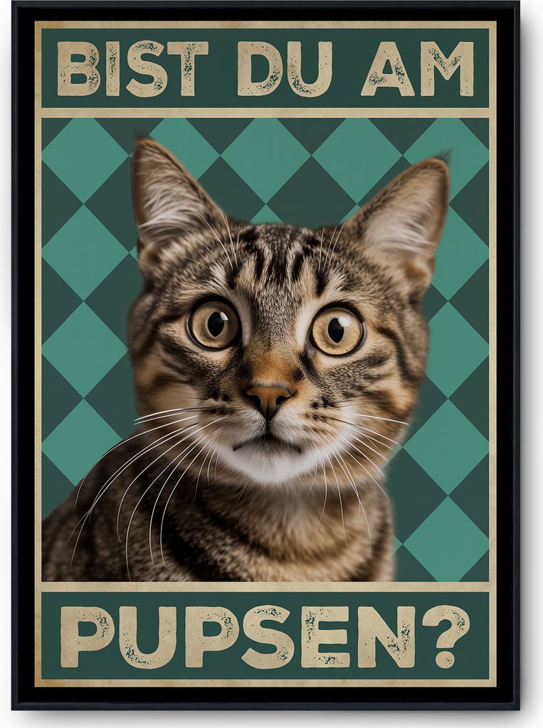 Bist du am Pupsen? Katzen Poster Badezimmer Gästebad Wandbild Klo Toilette Dekoration Lustiges Gäste-WC Bild DIN A4 - Katze 01 – DIN A4 mit Rah...