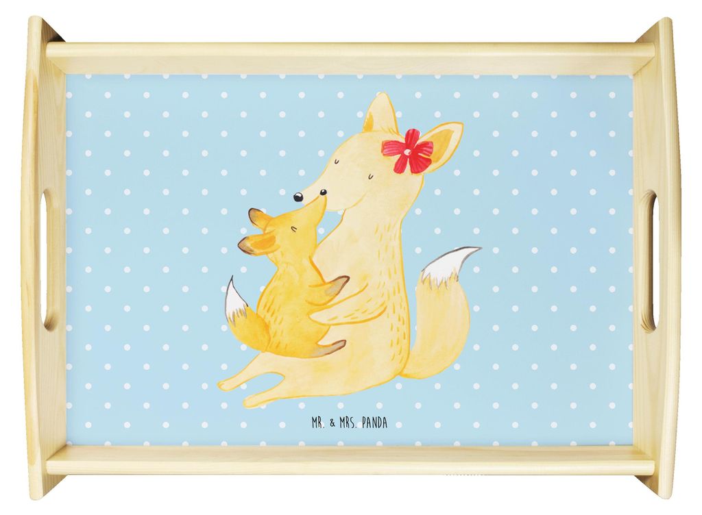 Mr. & Mrs. Panda Tablett Fuchs Mama - Blau Pastell - Geschenk, Bett-Tablett, Sofa, Tochter, holz, Muttertag, Mutter, serviertablett aus, Schoß