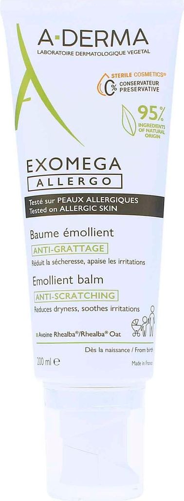 A close-up shot of a white tube of A-Derma Exomega Allergo Emollient Balm.