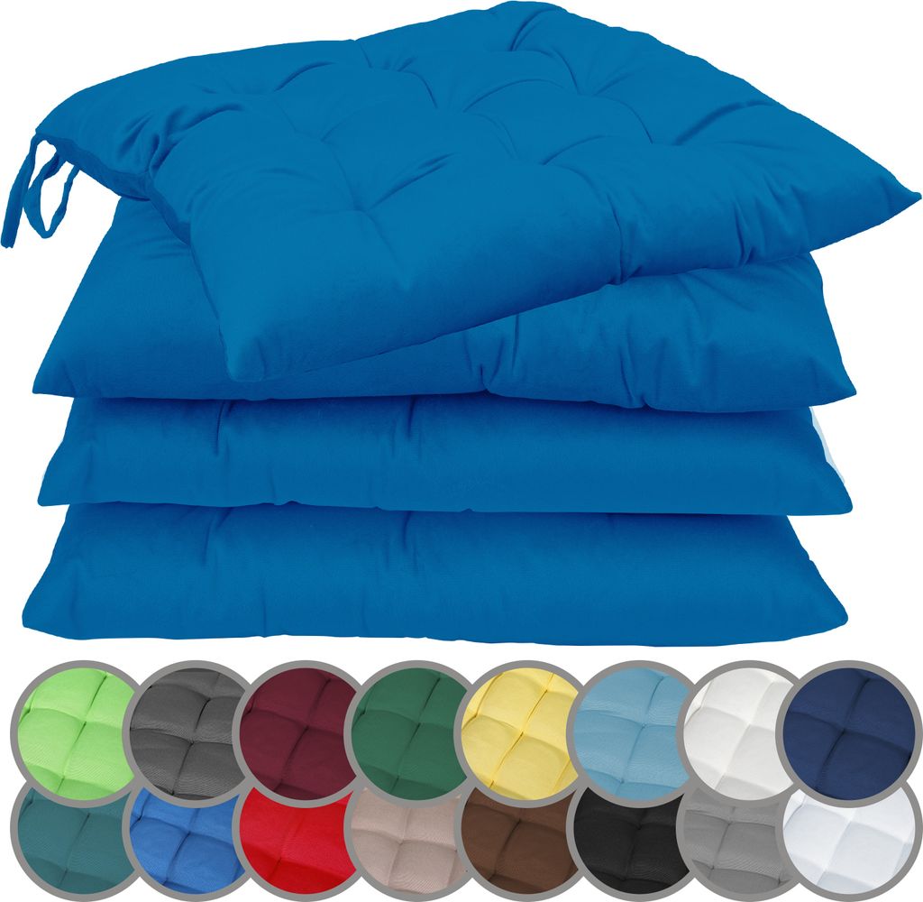 A stack of four royal blue seat cushions is shown against a white background. Below the cushions, a row of circular swatches displays various color options for the cushions.