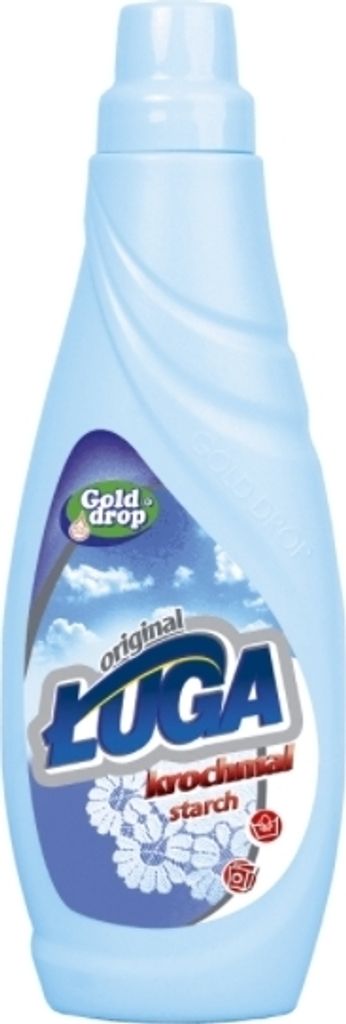 A light blue bottle of liquid starch with a label featuring clouds and flowers.