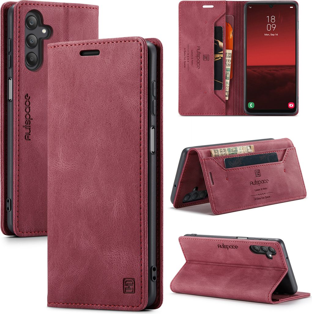 Galaxy A25 Hülle, Retro Kunstledertasche Stand Schutzhülle für Samsung Galaxy A25 Rot