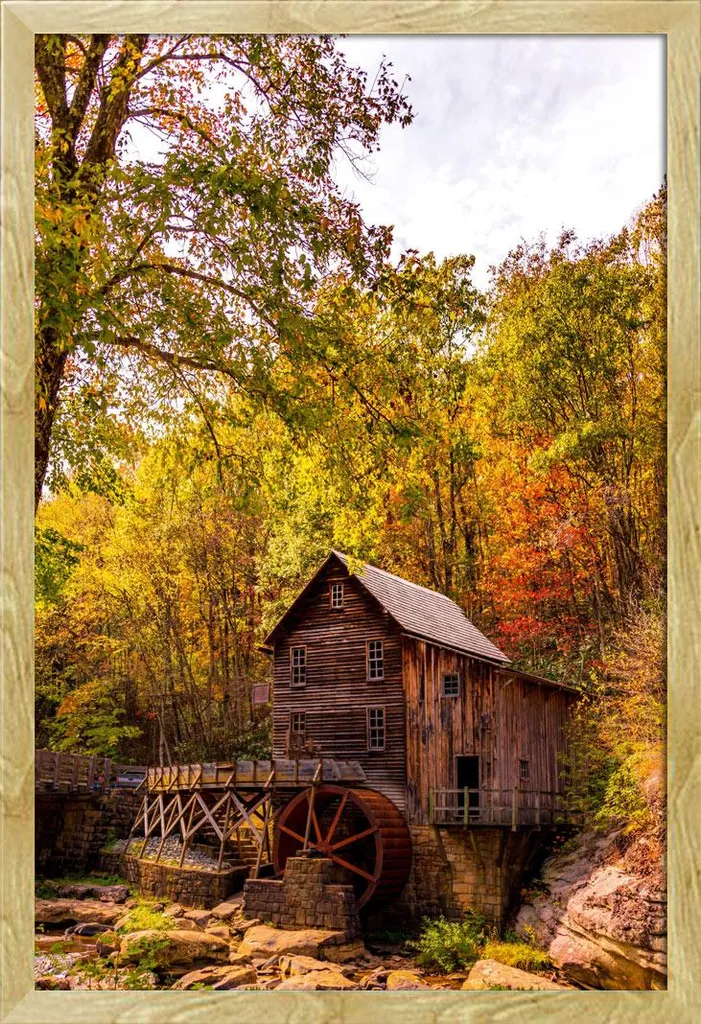 Poster Glade Creek Grist Mill encadré vitre acrylique pour déco sans reflet