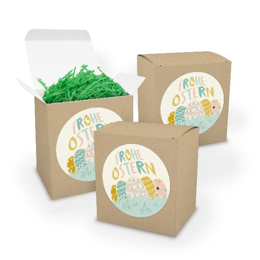 itenga 3x XL-Würfel in Braun Frohe Ostern pastell 9,5 cm Durchmesser mit Ostergras