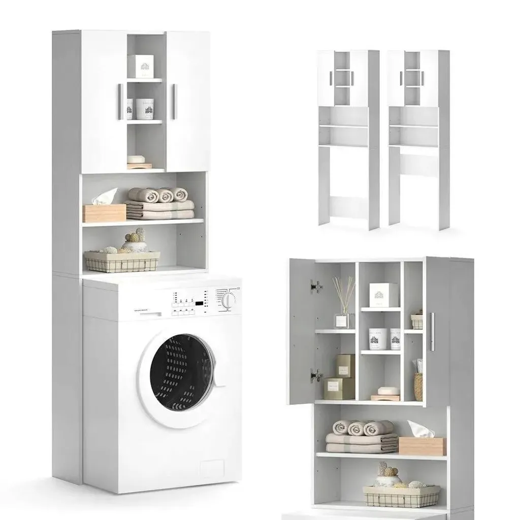 Armadio Lavatrice Alto 190cm - Mobile Bagno Salvaspazio Moderno Bianco