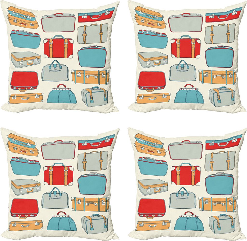 ABAKUHAUS Reise Kissenbezug Set (4 Stück), Vintage Koffer Bon Voyage, Moderner Doppelseitiger Digitaldruck, 45 cm x 45 cm, Mehrfarbig