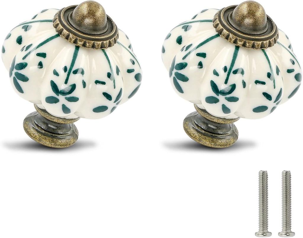 Set mit 6 elfenbeinfarbenen und grünen Keramik-Schubladengriffen – Vintage-Stil – Inkl. Schrauben – Grüne Blume
