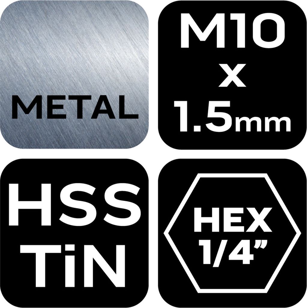 NEO TOOLS Gewindebohrer HSS TiN-Beschichtung HEX 1/4" für Profis und Heimwerker Maximale Drehzahl: 1000 U/min, M10 x 1,5 mm