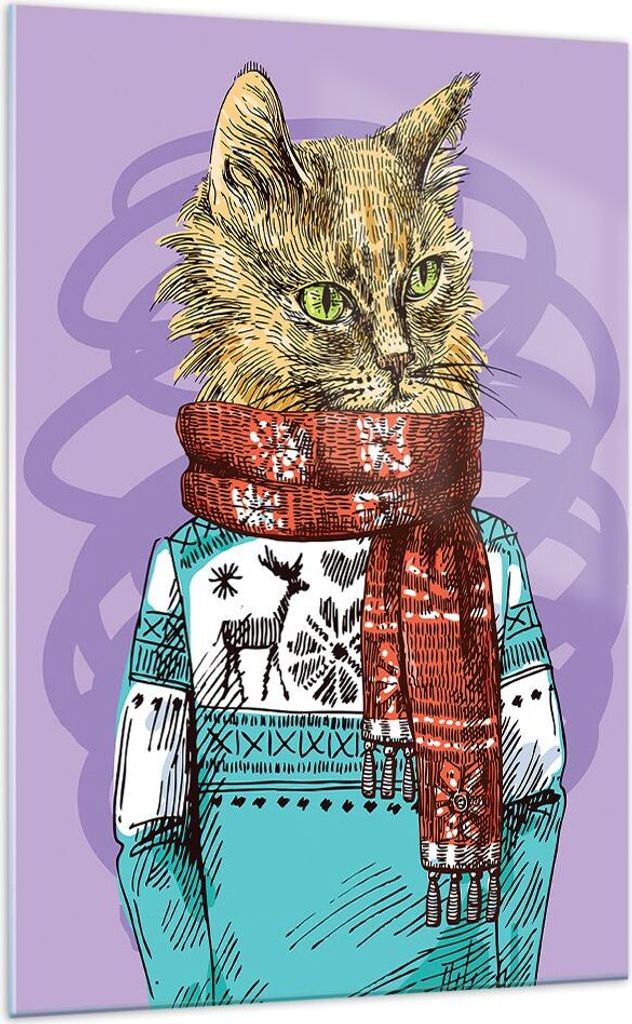 Bilder auf glas - Einteilig - Katze Schal Illustration hipster - 70x100cm - Glasbilder - Wandbilder - Bilder - Wanddekoration aus Glas - Glas Bilde...
