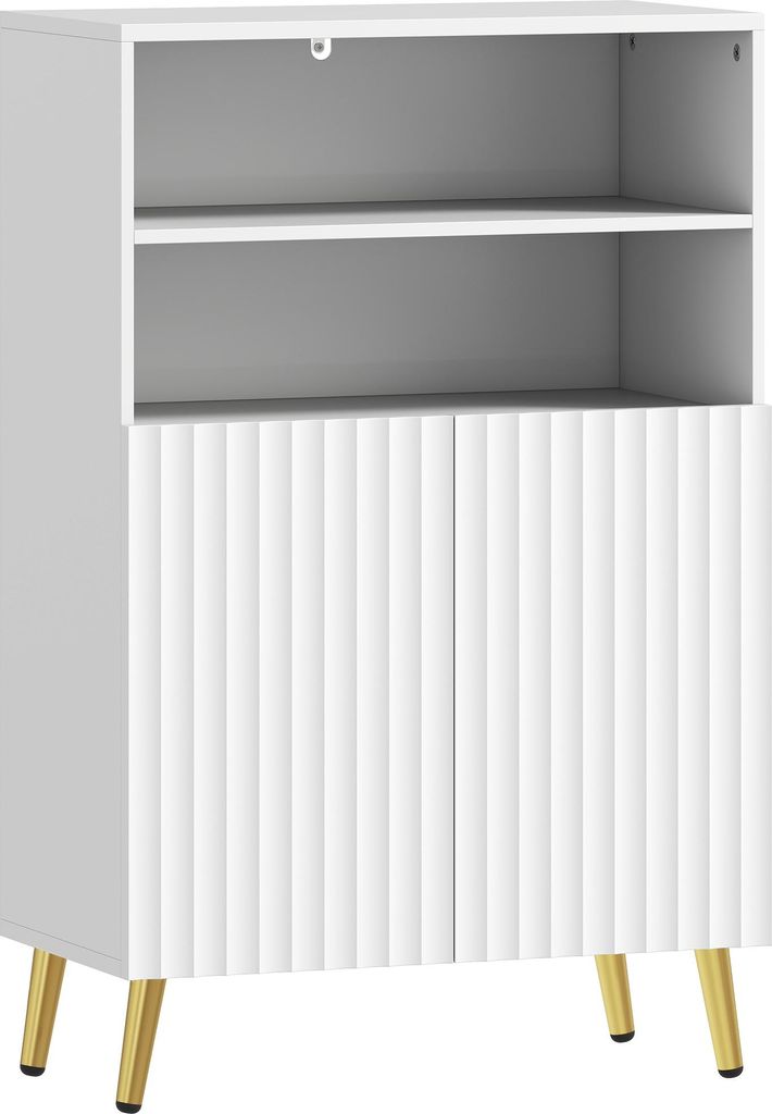 Badezimmerschrank, Kommode für Wohnräume, Soft-Close-Türen, 2 offene Regale, MDF, Weiß