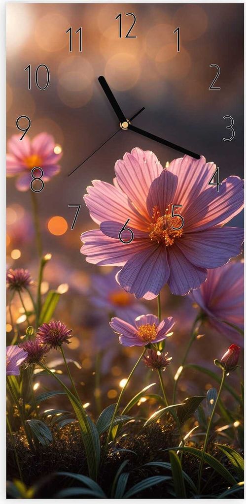 Wanduhr aus Glas mit Motiv Blumenwiesebei Sonnenaufgang- 30 x 60 cm - inkl. Aufhängesystem