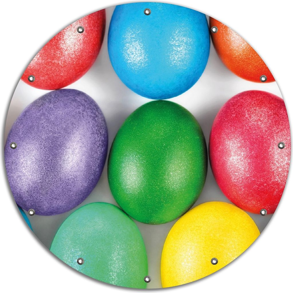 Wallario rundes Outdoor-Poster für Garten oder Balkon, Motiv Bunte Oster-Eier in Nahaufnahme mit kräftigen Farben, 90 cm Durchmesser