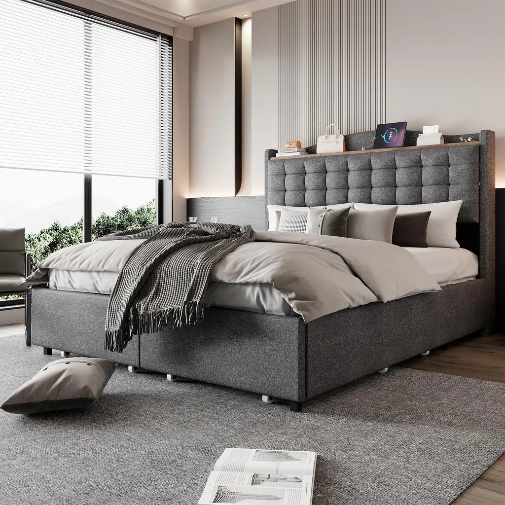 Merax Lit Tapissé 140x200cm avec Chargeur USB et 4 Tiroirs en Lin Gris