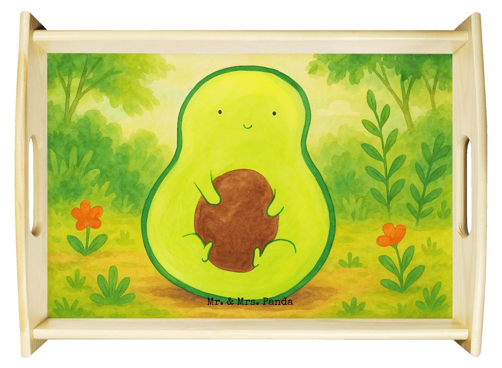Mr. & Mrs. Panda Tablett Avocado Kern Design - Weiß - Geschenk, Pflanze, glücklich, Spruch Leben, Gesund, Deko, für bett, Serviertablett, holz, aus