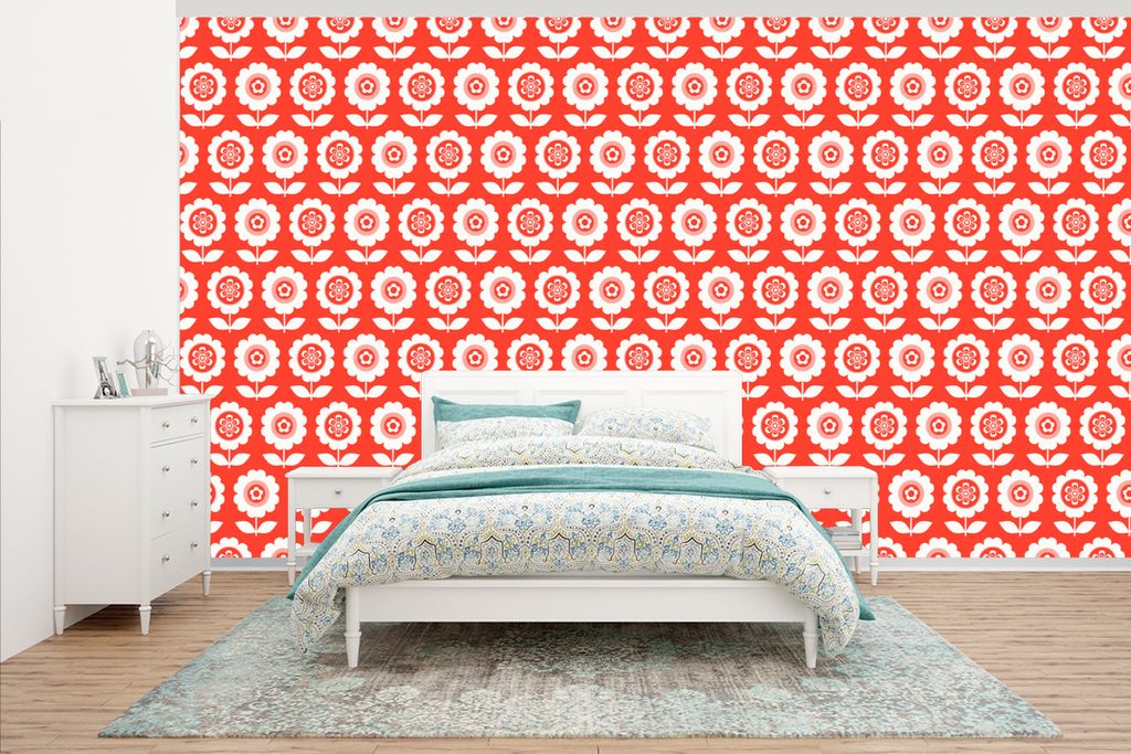 MuchoWow Fototapete für Wohnzimmer oder Schlafzimmer Wandtapete Vinyl Motivtapete Blumen - Muster - Rot - 465x260 cm - Hintergrundbild