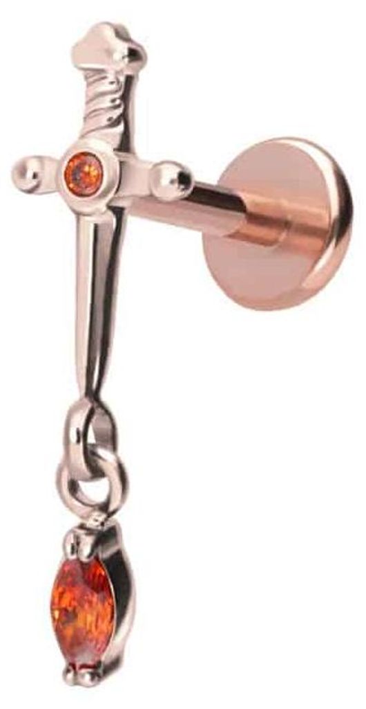 Ohrpiercing, Nasenpiercing Titan Labret mit Push Fit DOLCH + KRISTALLTROPFEN RoséGold Stablänge: 8mm | Stabstärke: 1mm