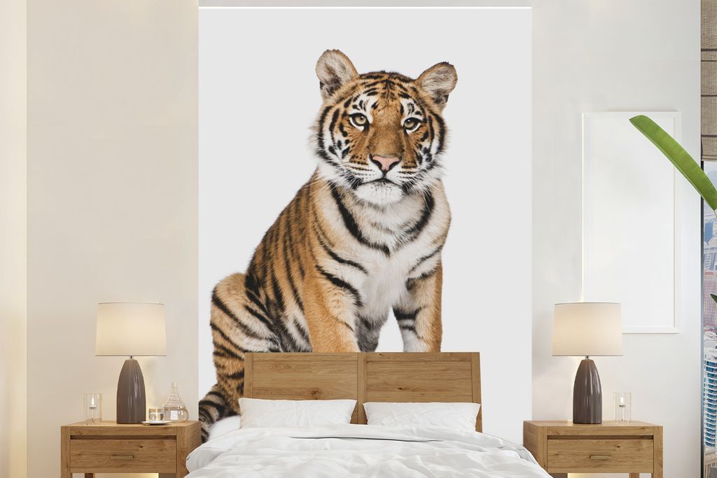 MuchoWow Fototapete für Wohnzimmer oder Schlafzimmer Wandtapete Vinyl Motivtapete Tiger - Tiere - Weiß - Jungen - Kinder - 145x220 cm - Kindert...