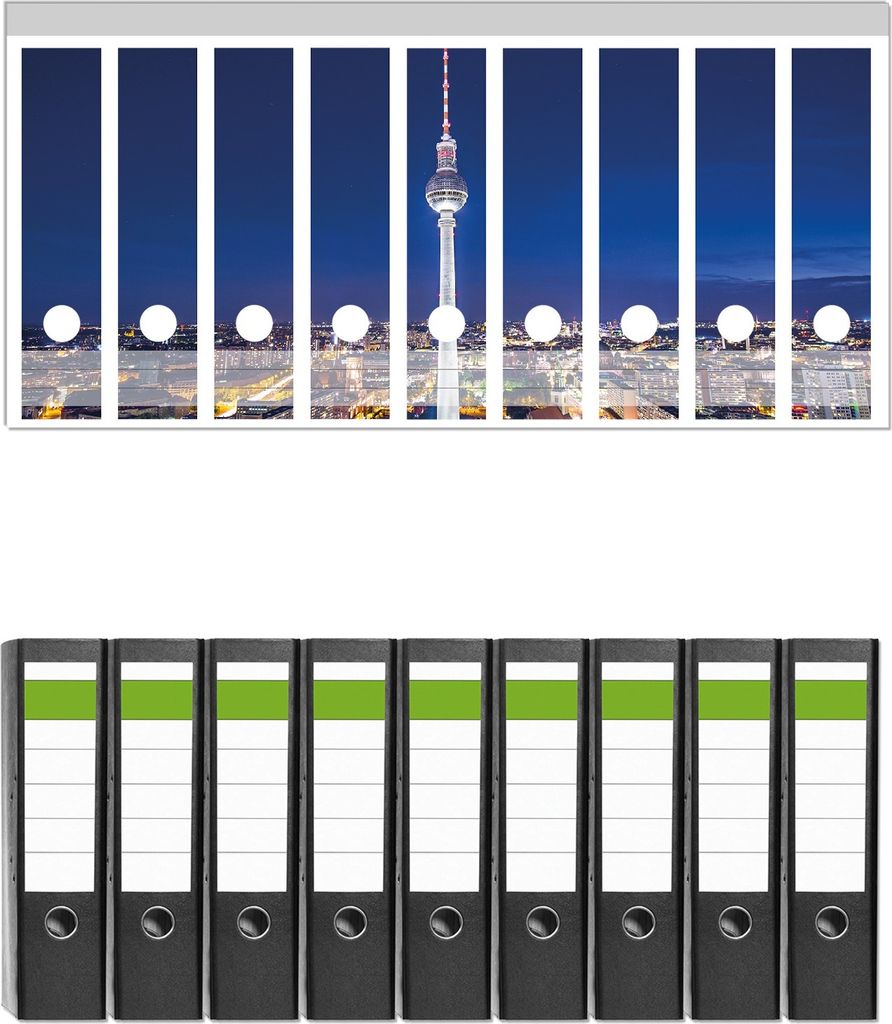 Wallario 9 Stück breite Ordner inkl. Klebeetiketten mit Motive Fernsehturm Berlin bei Nacht - Set mit Rückenschildern / Ordnerrücken Stickern