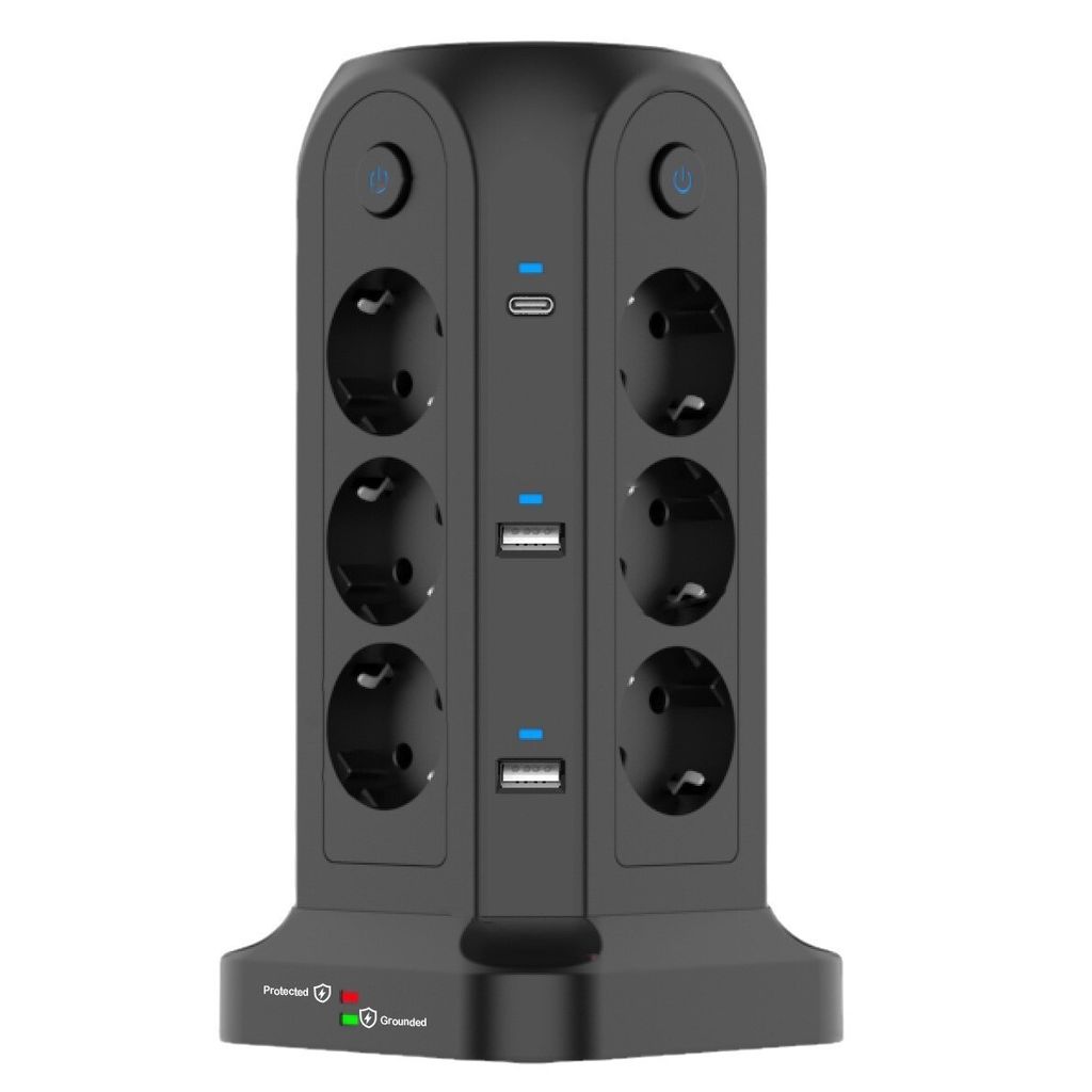 15-in-1 Steckdosenleiste mit Schalter, Vertikaler Streifen, 12-Fach Steckdose, 3 USB, Mehrfachsteckdose Tower mit 2M Kabel, Schwarz