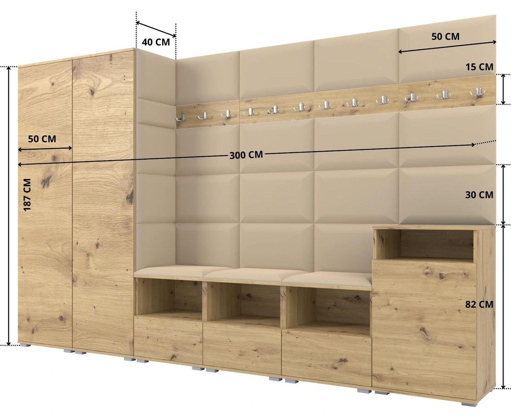 Garderobe NELA XII 300 cm Modulare Flurmöbel Artisan Eiche mit Sitzpolster Beige 04 (Gigantisches Set)