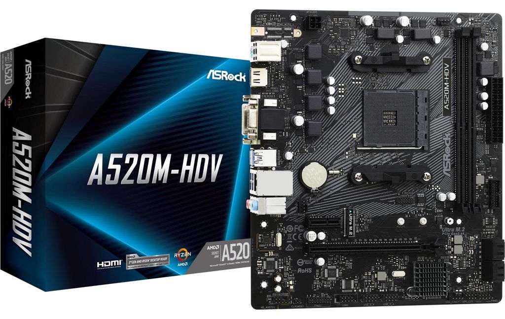 ASRock A520M-HDV - Motherboard - micro ATX - Socket AM4 - AMD A520 Chipsatz - USB 3.2 Gen 1 - Gigabit LAN - Onboard-Grafik (CPU erforderlich)
