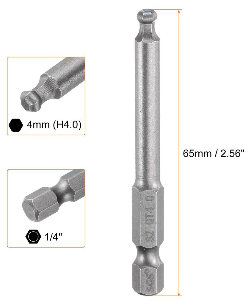 4mm (H4,0) Kugelkopf Innensechskant Bit Set, 1/4 Zoll Sechskantschaft 65mm Lang Magnetische Industriestahl S2 Stahl Schraubendreher Bitsatz fš¹r ...