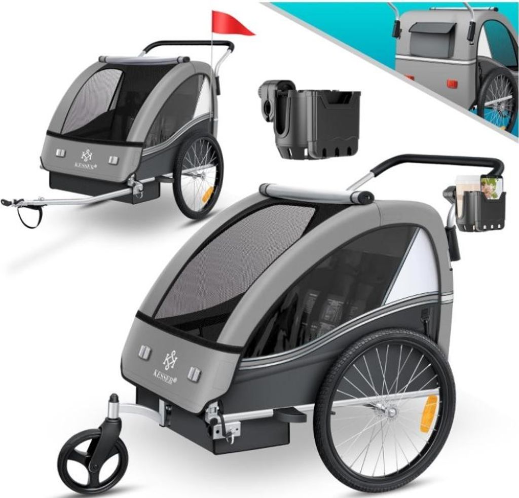 A collage of images showing a child trailer for bicycles, with close-ups of its features and accessories.