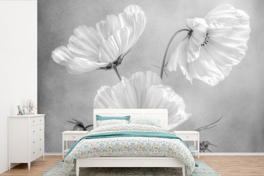 MuchoWow Fototapete für Wohnzimmer oder Schlafzimmer Wandtapete Vinyl Motivtapete Stilleben - Blumen - Schwarz und weiß - Mohn - Botanisch - 39...
