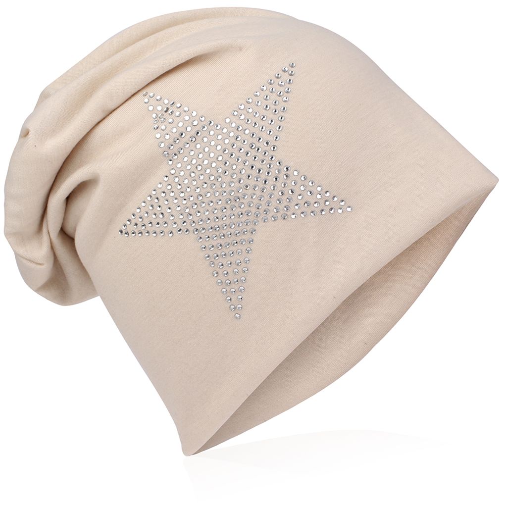 Beanie Muetze Strass Stern Beige