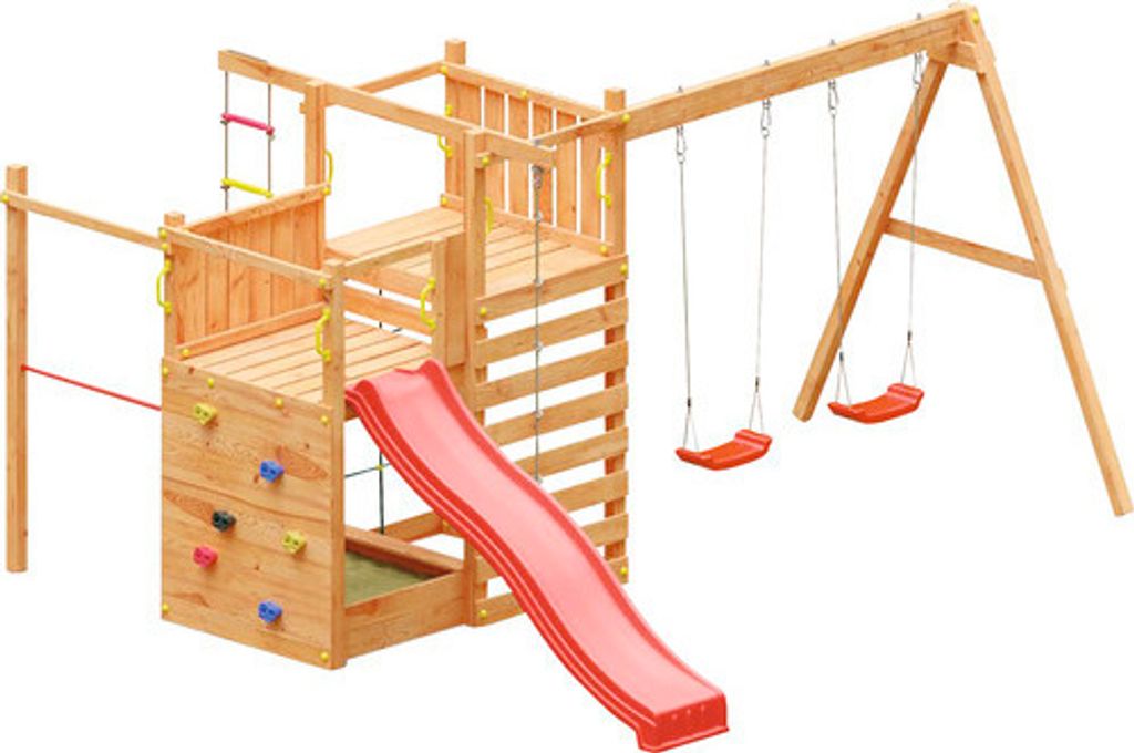 Spielturm Marimex Play 021 Holz Metall natur inkl. Grundturm, Leitersprossen, Klettertau, 2 Brettschaukeln, Rutsche, Kle