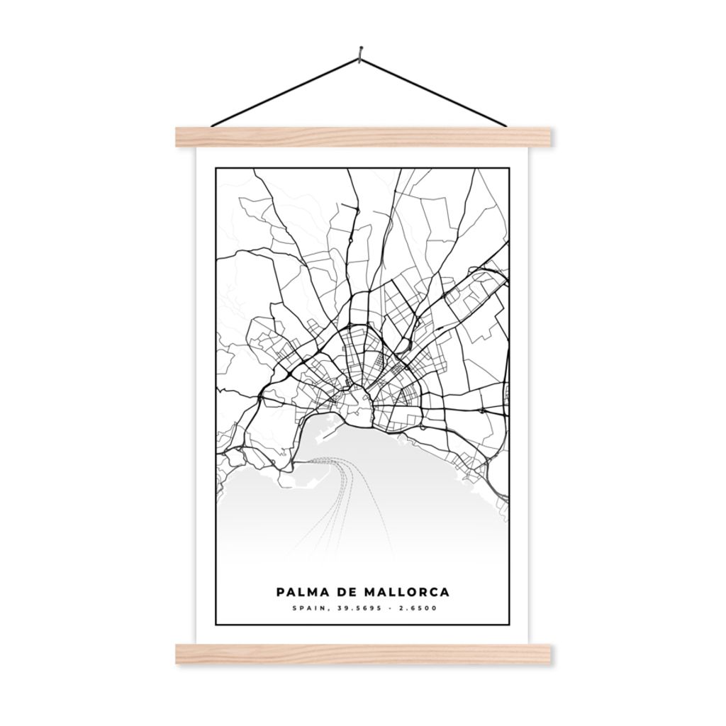 MuchoWow Textilposter Mallorca - Stadtplan - Karte - Schwarz und weiß - Karte 40x60 cm mit holzfarbenen Rahmen - Poster
