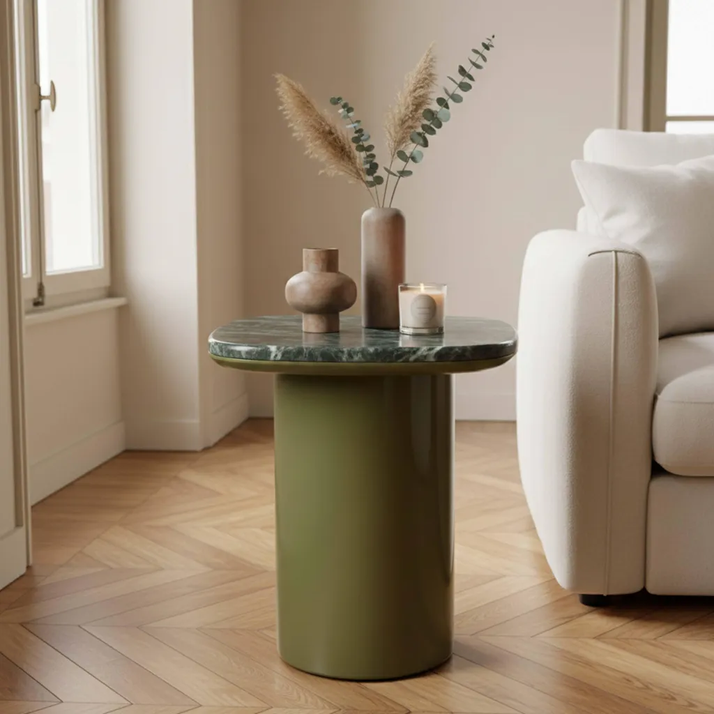 Bout de canapé en marbre carré vert olive pour salon moderne