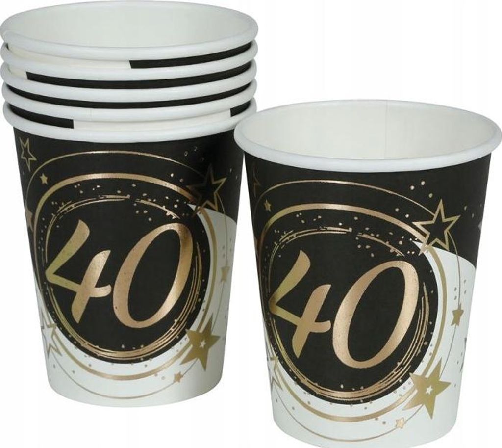 40. Geburtstag Pappbecher Forty Gold Schwarz Party 240ml 6 St.