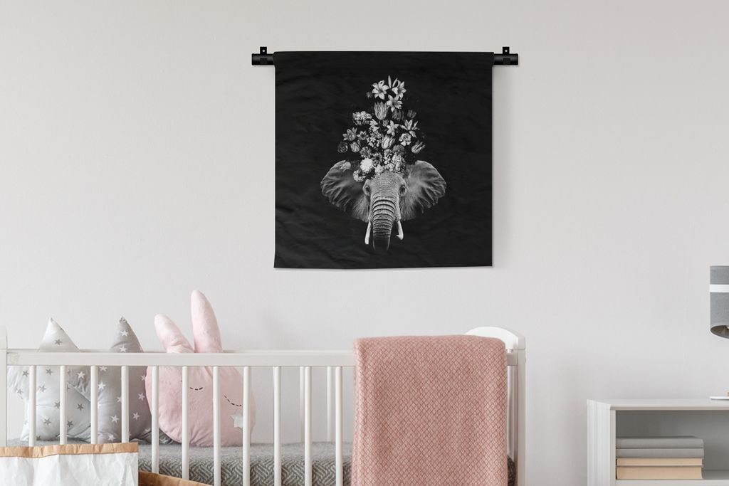 MuchoWow Wandteppich Wandbehang Elefant - Blumen - Schwarz - Weiß 60x60 cm Tapisserie Dekoration Wandtuch - Dekorationen - Wand Decke