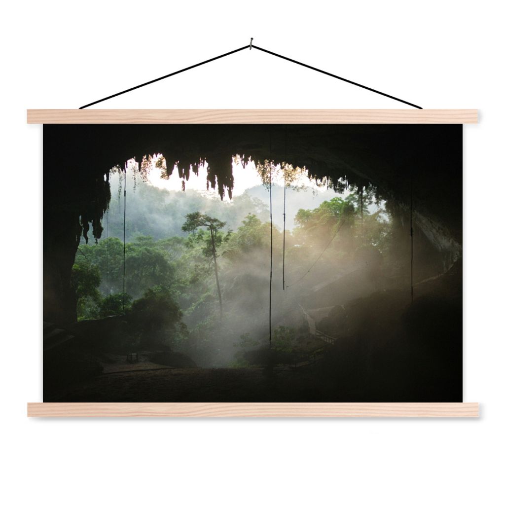 MuchoWow Textilposter Natürliche Höhle im Regenwald von Malaysia 120x80 cm mit holzfarbenen Rahmen - Aufhängeset