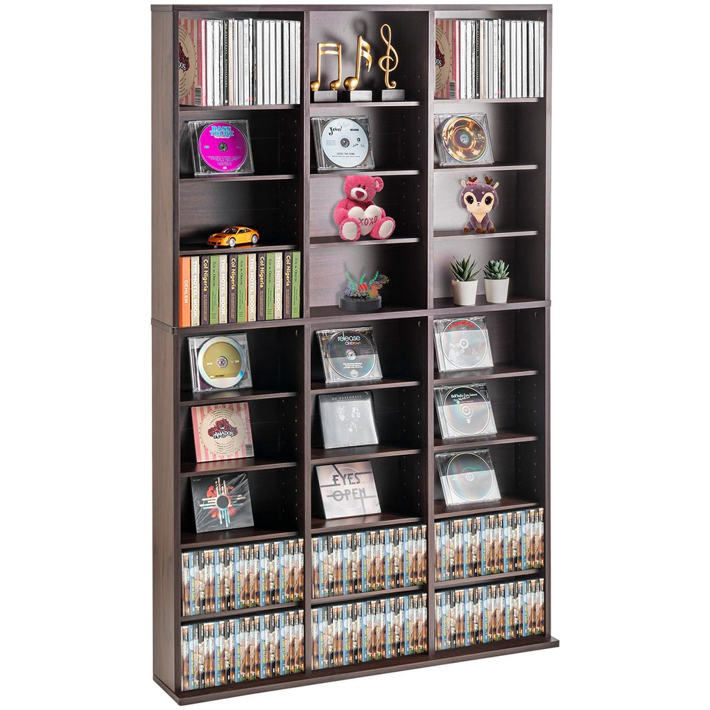 A dark brown, multi-shelf media storage unit filled with CDs, DVDs, and decorative items.