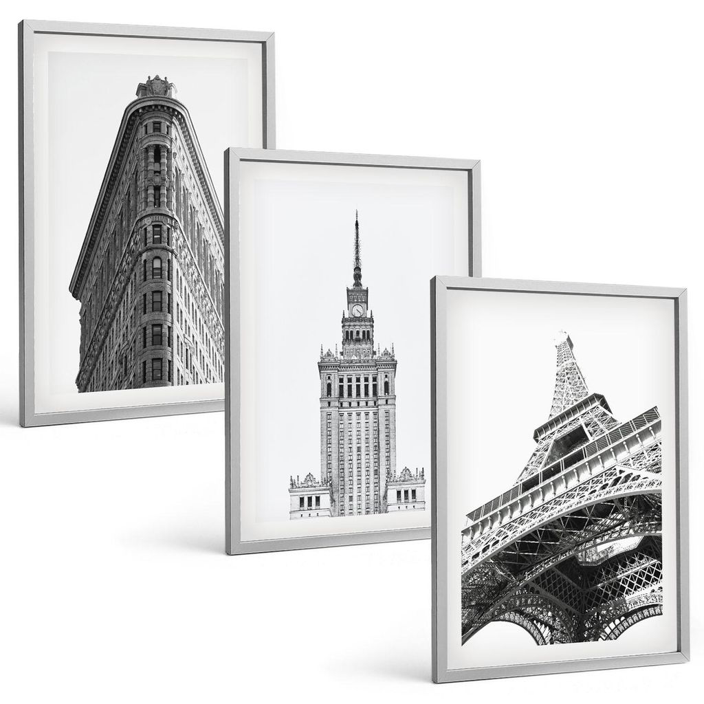 Bilder Set 3-teilig im silbergerahmten Rahmen – Wandbilder 3 Stück – gerahmte Poster für Wohnzimmer, Schlafzimmer und Flur – 40x60 cm – A...