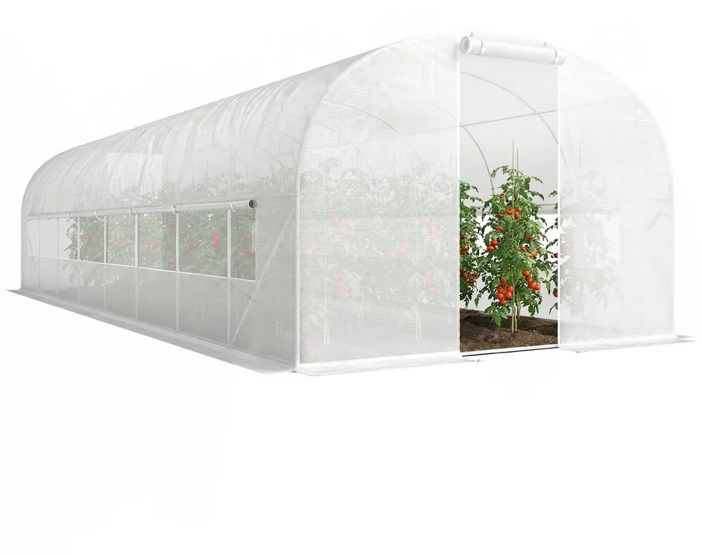 Serre tunnel de jardin 24m2 anti-corrosion avec aération fenêtres, Blanc