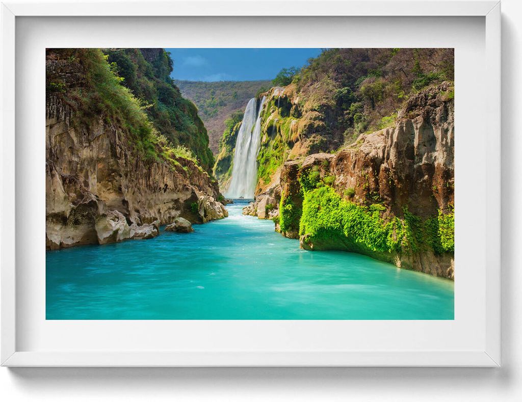 Tropischer Wasserfall und Fluss– Wandbild mit Rahmen – Gerahmtes Bild – Wanddekoration – 70x50 cm – Weiß Rahmen