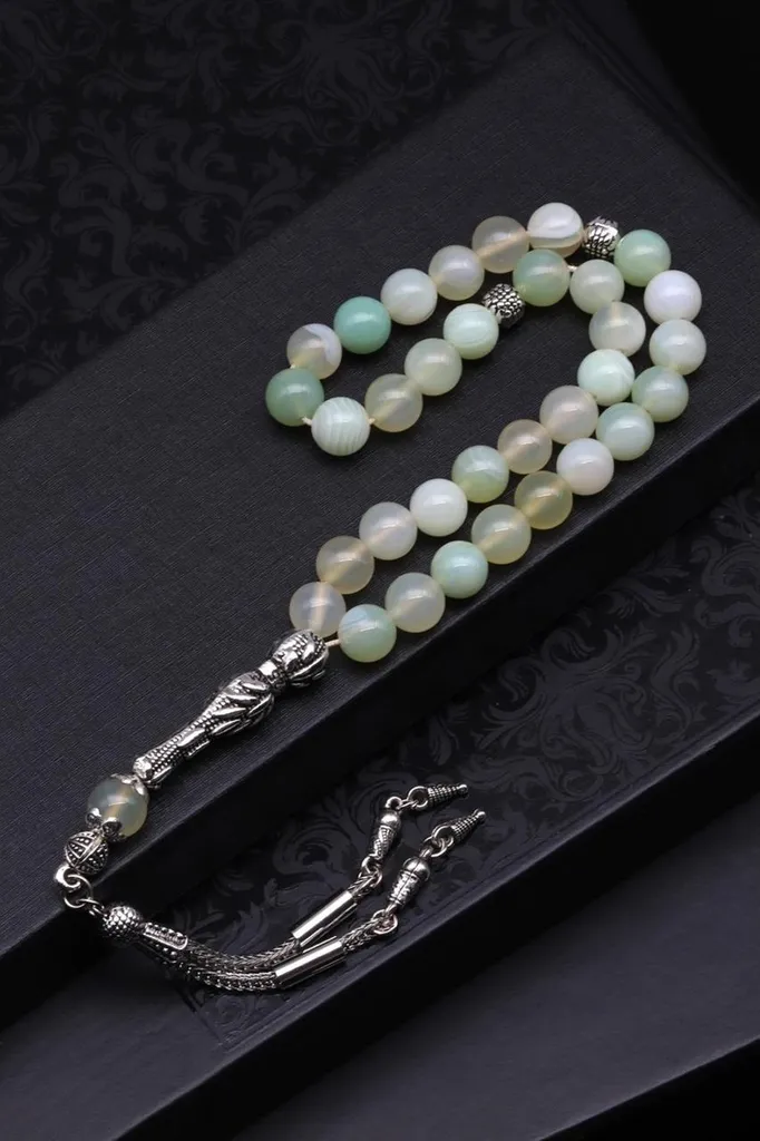 Chapelet de méditation en agate de Madagascar : 33 perles 8mm et Argent