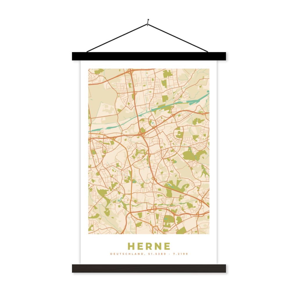 MuchoWow Textilposter Herne - Stadtplan - Vintage - Karte 40x60 cm mit schwarzem Rahmen - Wanddekorationen
