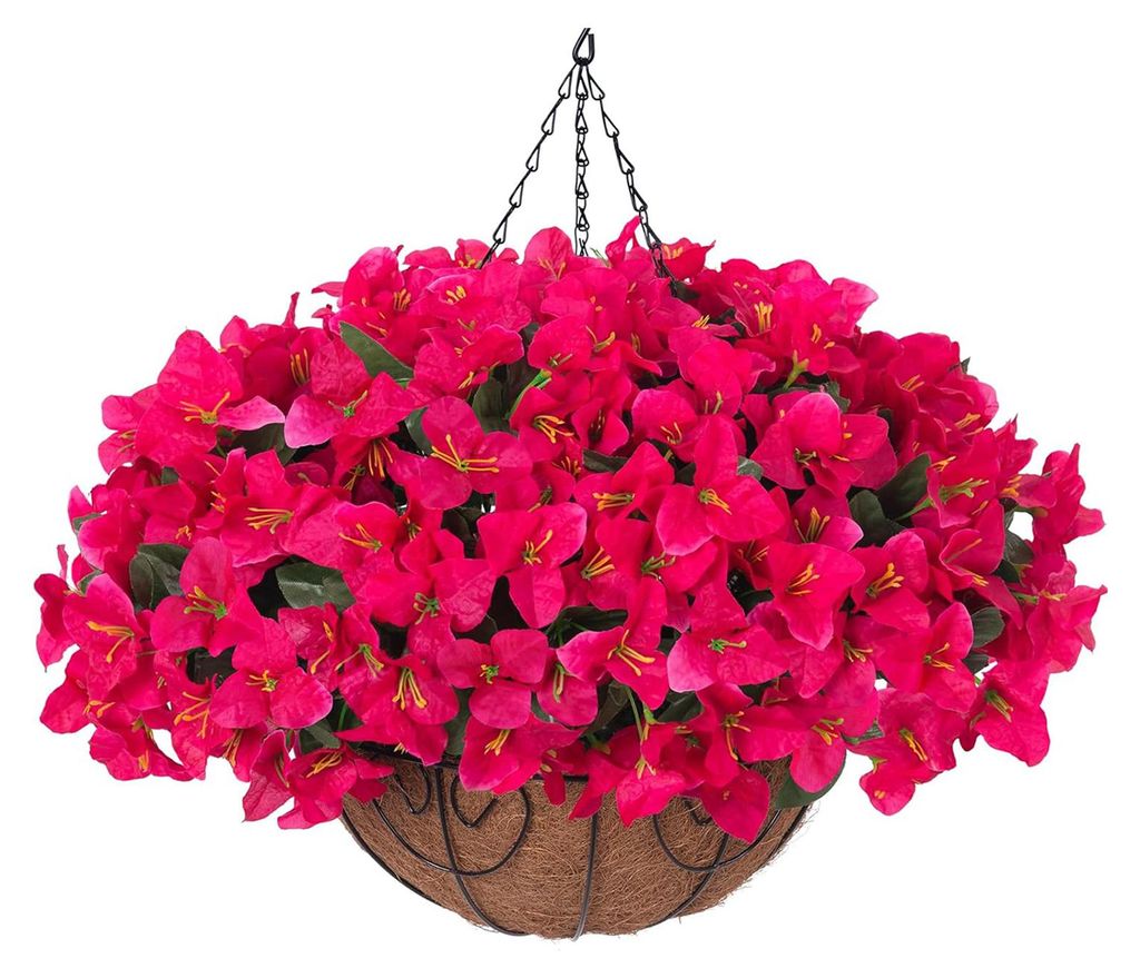 1/2 Stück künstliche Bougainvillea Speetabilis zum Aufhängen im Kokospalmen-Blumenkorb, UV-beständig, künstliche Blume, Dekoration für drinne...