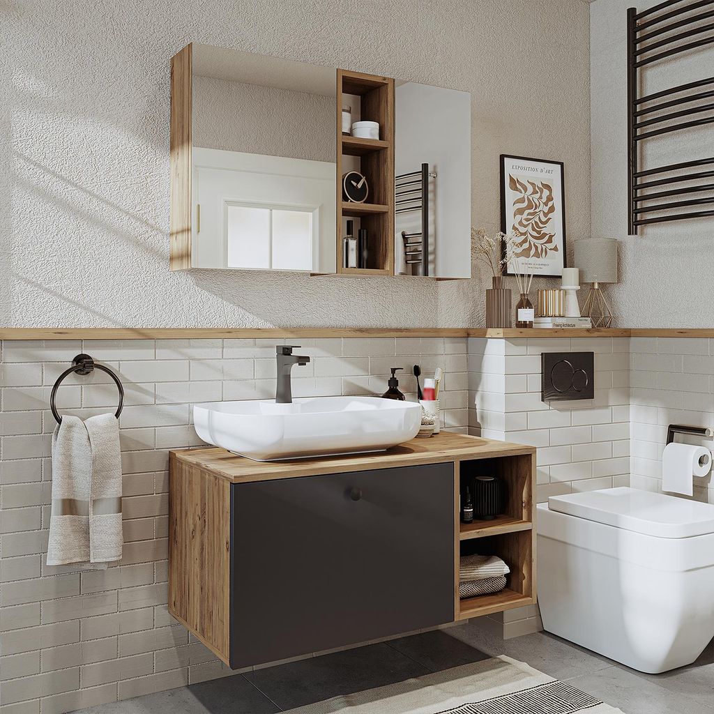 Roomart LOTUS-I-95 Badmöbel Set– 3-teiliges Badezimmermöbel Set - Unterschrank, Waschbecken & Spiegelschrank - H 45 x B 45 x T 95 cm - Anthrazi...