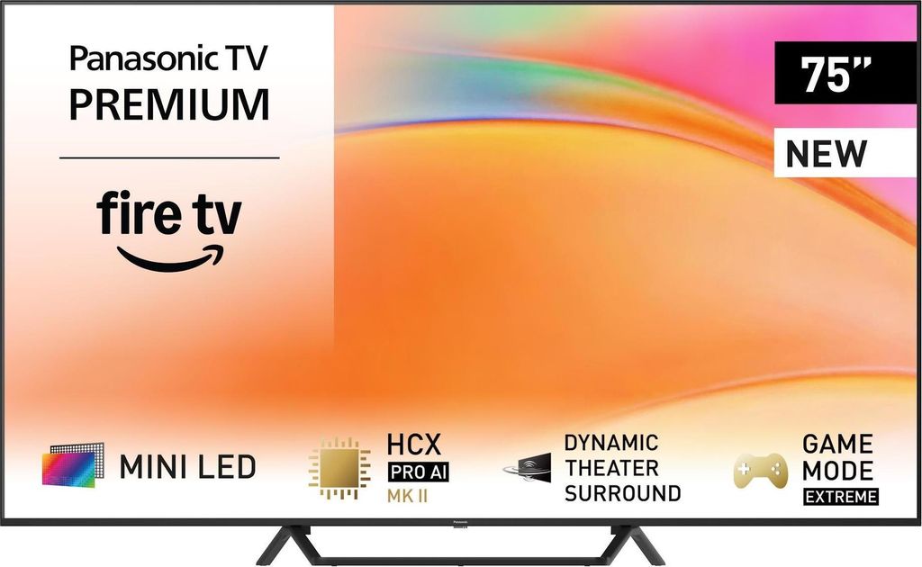 A marketing image for a Panasonic TV, showing its screen and key features.