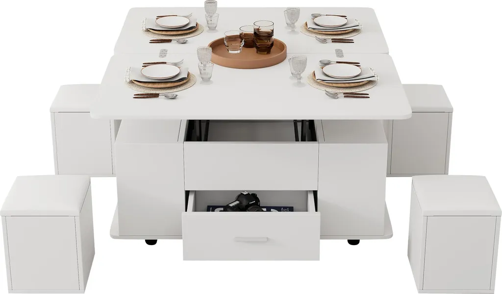 Sweiko Table Basse Réglable en Hauteur et Mobile avec 4 Tabourets Blanc - 9