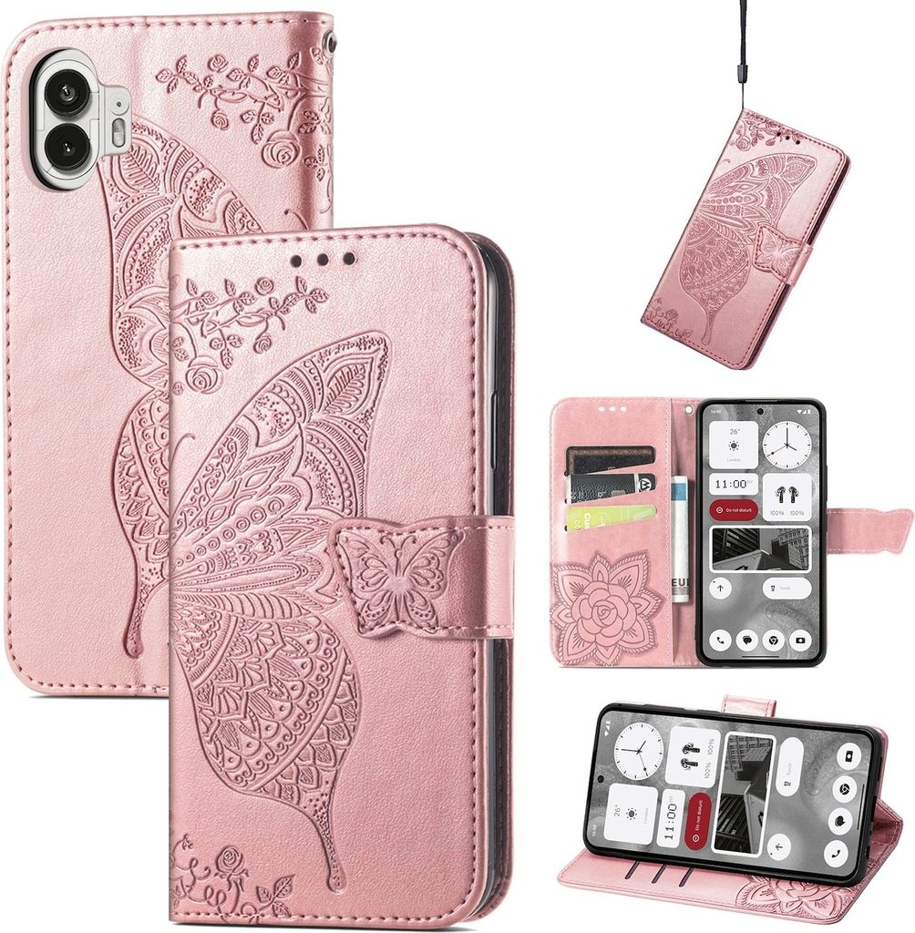 Für Nothing Phone 2 Kunstleder Wallet Handy Tasche Schmetterling Design Hülle Etuis Rosa