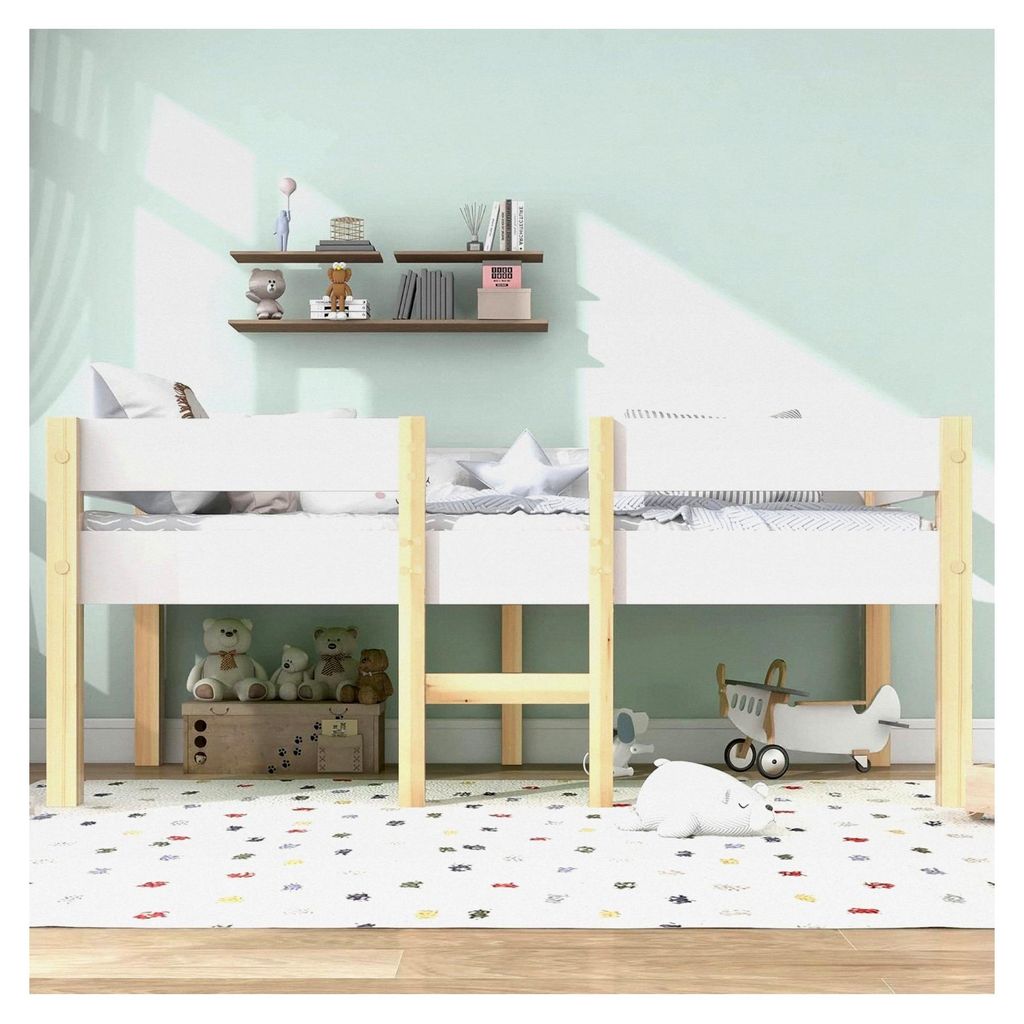 Kinderbett 90x200 cm, Halbhohes Hochbett mit Rausfallschutz, Massivholzbett für Jungen und Mädchen, ohne Matratze, Weiß+Natur