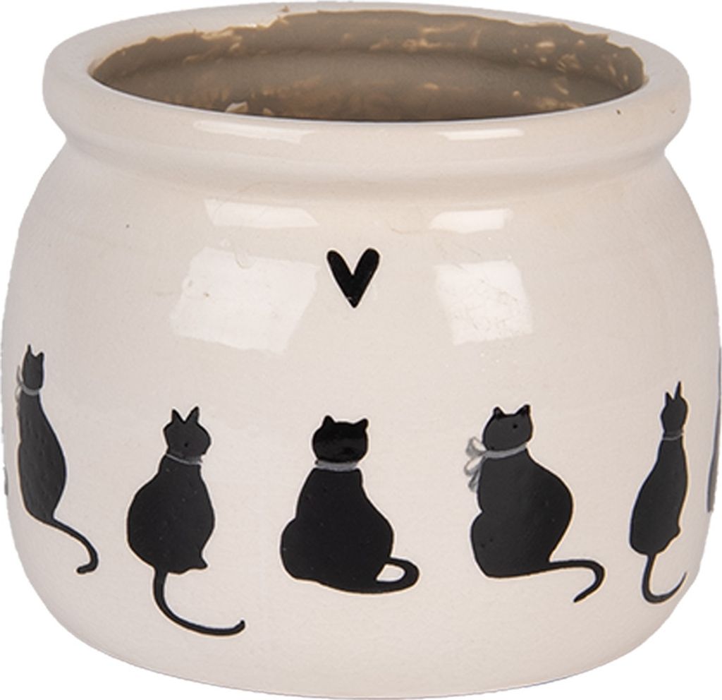 A beige ceramic pot with black cat illustrations and a small black heart above them.