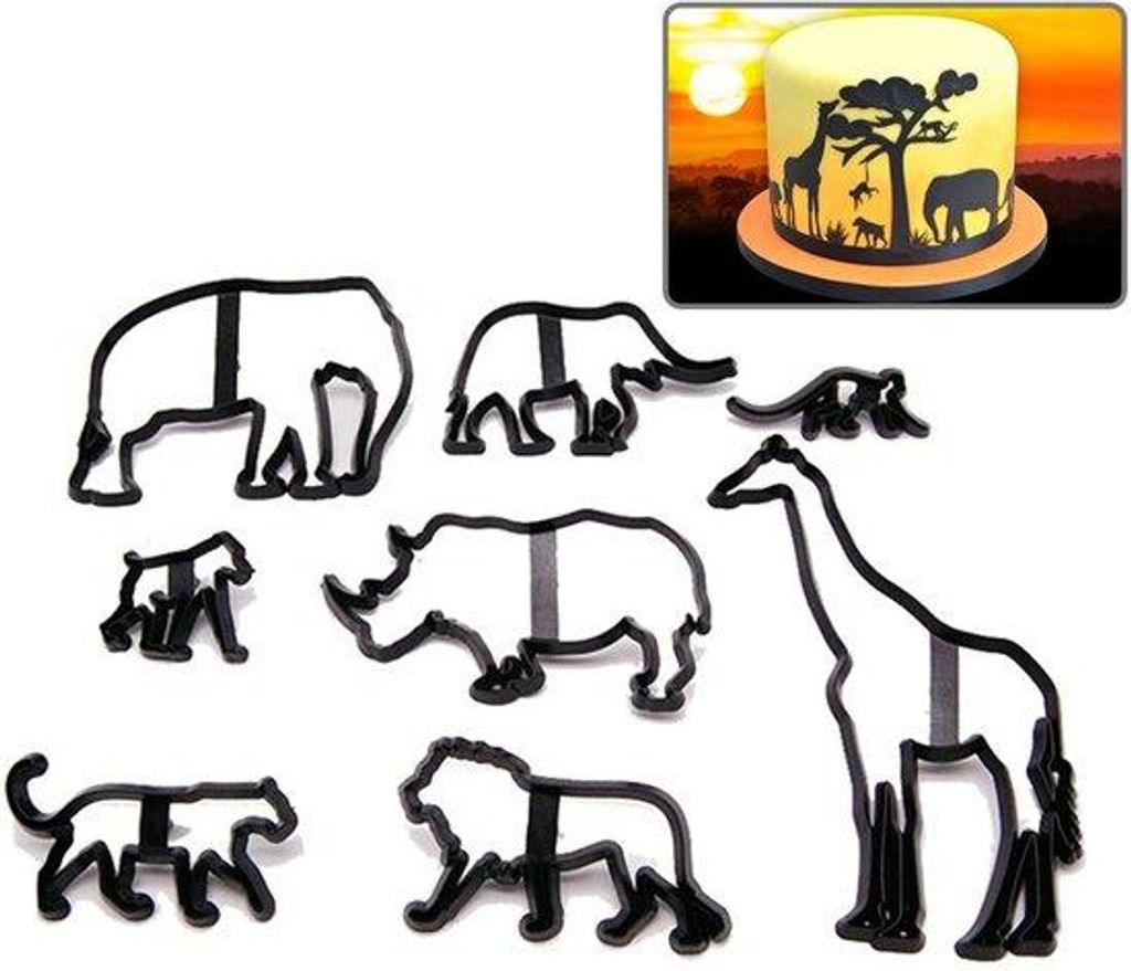 Kunststoffschaumformen, 8-teilig, für Fondant, Torte- und Kuchendekoration, Modellierung, Backen, Biscuitformen - Leopard, Elefant, Giraffe, Löwe