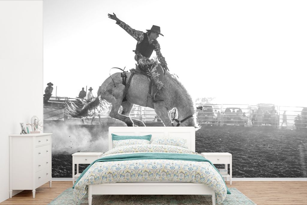 MuchoWow Fototapete für Wohnzimmer oder Schlafzimmer Wandtapete Vinyl Motivtapete Pferd - Cowboy - Stoff - 450x300 cm - Gemusterte